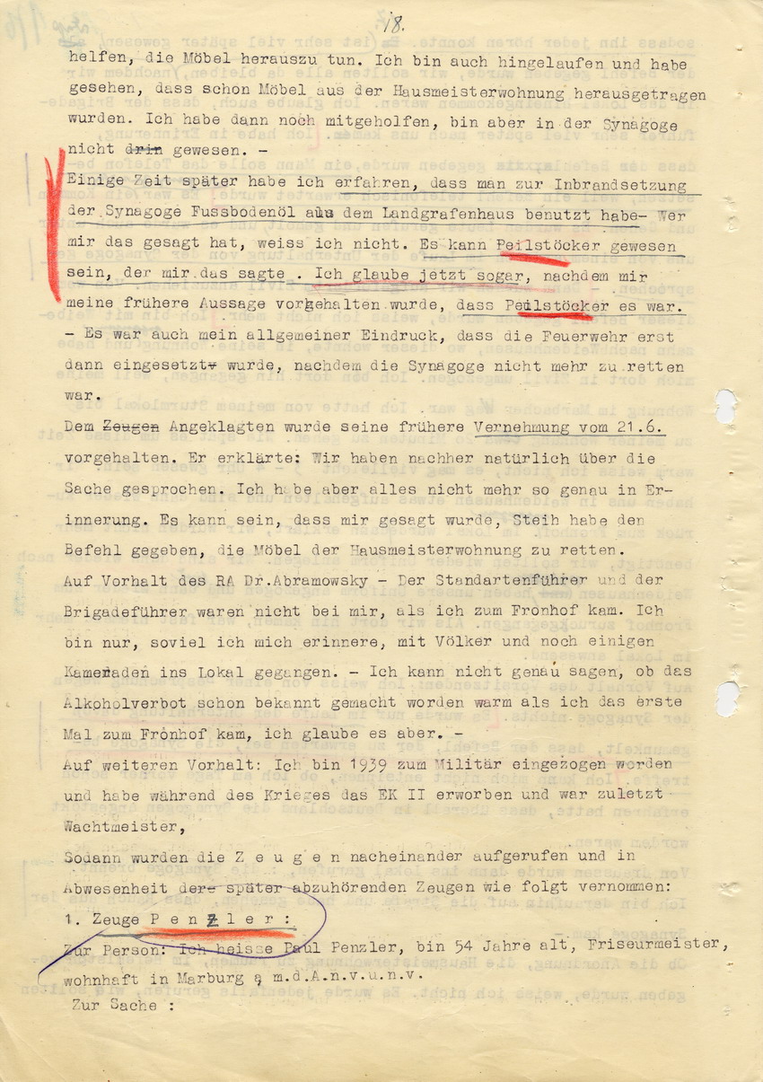 Hauptverhandlung der Strafkammer l des Landgerichts Marburg betr. die Strafsache wg. Inbrandsetzung der Synagoge in Marburg gegen Steih u.a., 1. Verhandlungstag, 14. November 1947 [Dokumentenabschnitt 3]