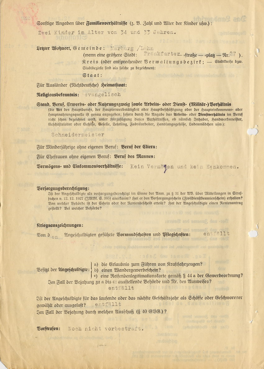 Landgericht Marburg in der Strafsache gegen Hans Steih wegen Brandstiftung. Stellungnahme Hans Steihs. Marburg, 12. Juni 1947