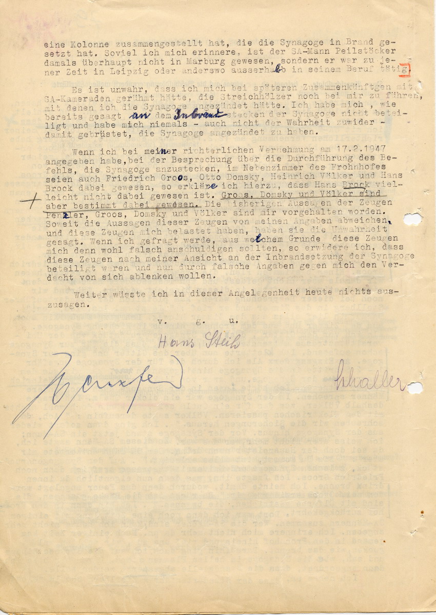 Landgericht Marburg in der Strafsache gegen Hans Steih wegen Brandstiftung. Stellungnahme Hans Steihs. Marburg, 12. Juni 1947