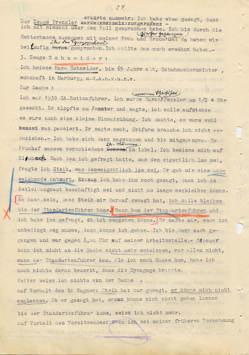 Hauptverhandlung der Strafkammer l des Landgerichts Marburg betr. die Strafsache wg. Inbrandsetzung der Synagoge in Marburg gegen Steih u.a. , 1. Verhandlungstag, 14. November 1947 [Dokumentenabschnitt 5]