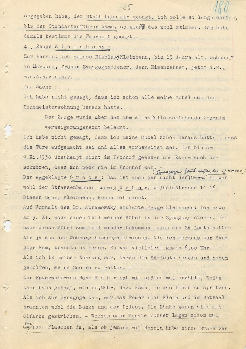 Hauptverhandlung der Strafkammer l des Landgerichts Marburg betr. die Strafsache wg. Inbrandsetzung der Synagoge in Marburg gegen Steih u.a. , 1. Verhandlungstag, 14. November 1947 [Dokumentenabschnitt 5]