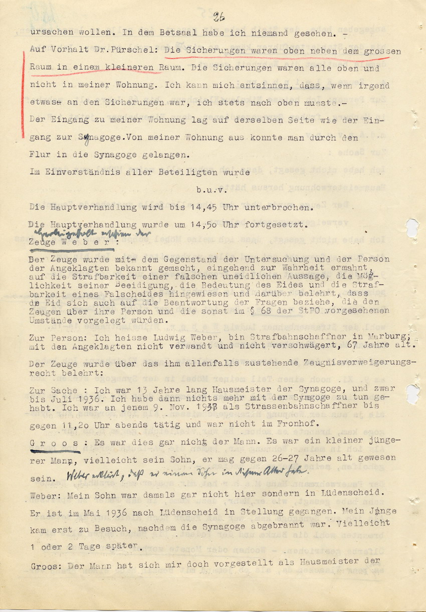 Hauptverhandlung der Strafkammer l des Landgerichts Marburg betr. die Strafsache wg. Inbrandsetzung der Synagoge in Marburg gegen Steih u.a. , 1. Verhandlungstag, 14. November 1947 [Dokumentenabschnitt 5]
