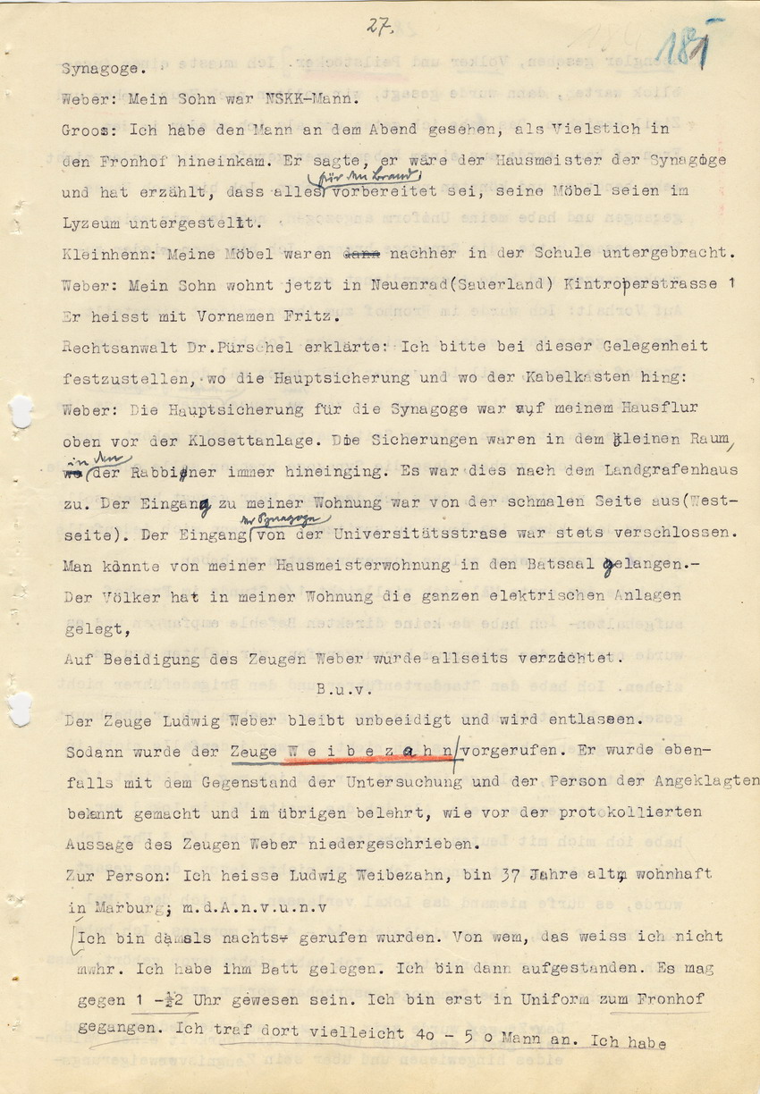 Hauptverhandlung der Strafkammer l des Landgerichts Marburg betr. die Strafsache wg. Inbrandsetzung der Synagoge in Marburg gegen Steih u.a. , 1. Verhandlungstag, 14. November 1947 [Dokumentenabschnitt 5]