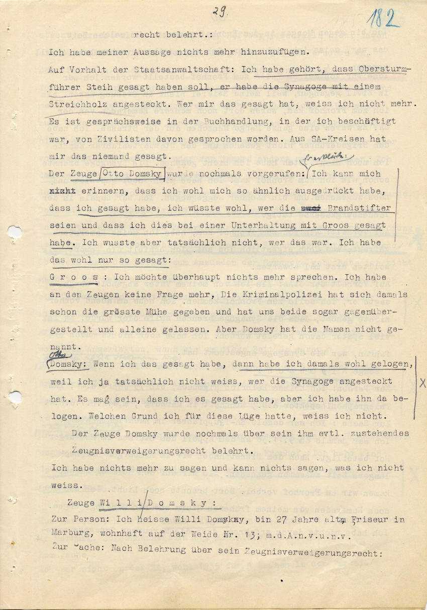Hauptverhandlung der Strafkammer l des Landgerichts Marburg betr. die Strafsache wg. Inbrandsetzung der Synagoge in Marburg gegen Steih u.a. , 1. Verhandlungstag, 14. November 1947 [Dokumentenabschnitt 5]