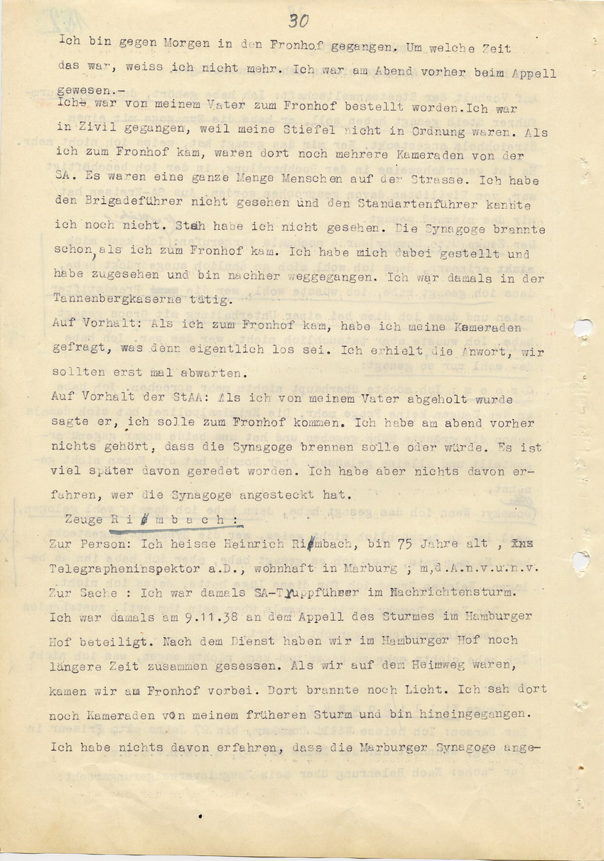 Hauptverhandlung der Strafkammer l des Landgerichts Marburg betr. die Strafsache wg. Inbrandsetzung der Synagoge in Marburg gegen Steih u.a. , 1. Verhandlungstag, 14. November 1947 [Dokumentenabschnitt 5]