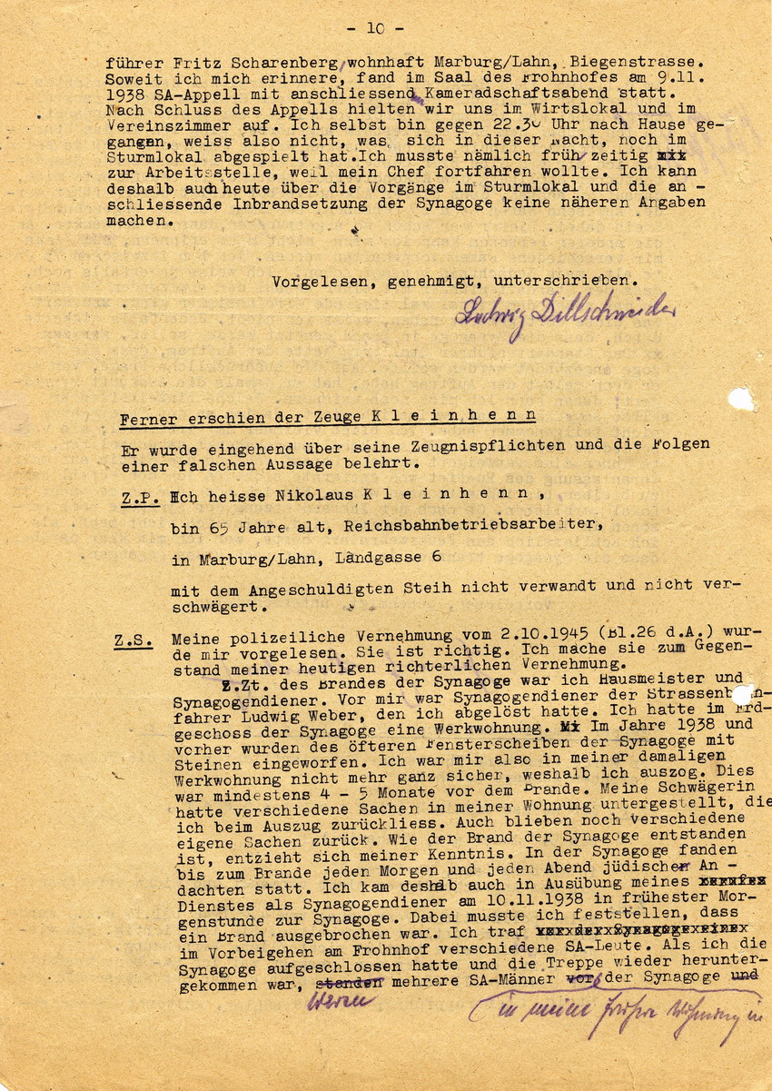 Untersuchungsrichter beim Landgericht Marburg in der Voruntersuchungssache gegen Hans Steih wegen Brandstiftung pp. Aussagen. Marburg, 19. Juni 1947