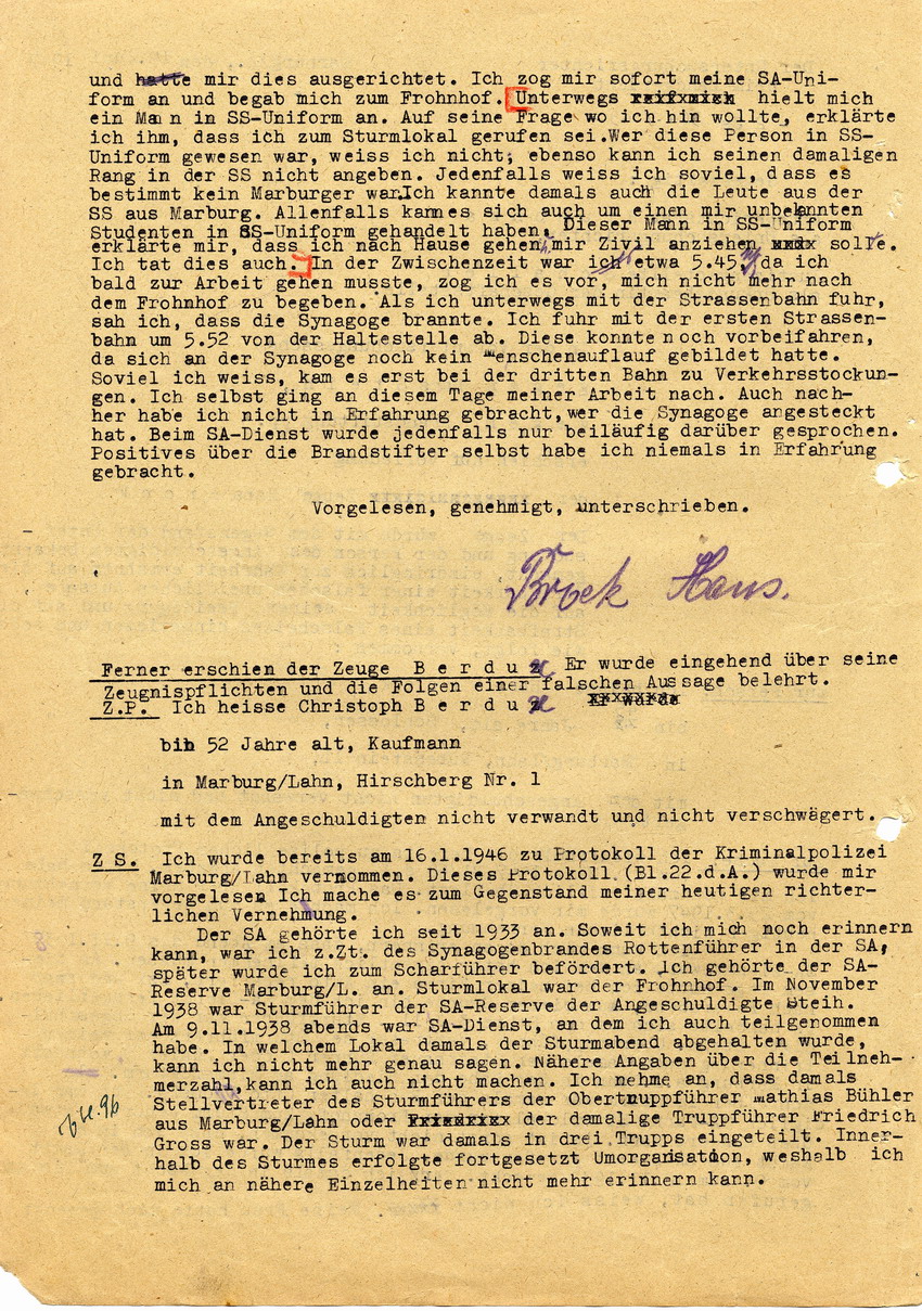 Untersuchungsrichter beim Landgericht Marburg in der Voruntersuchungssache gegen Hans Steih wegen Brandstiftung pp. Aussagen. Marburg, 19. Juni 1947