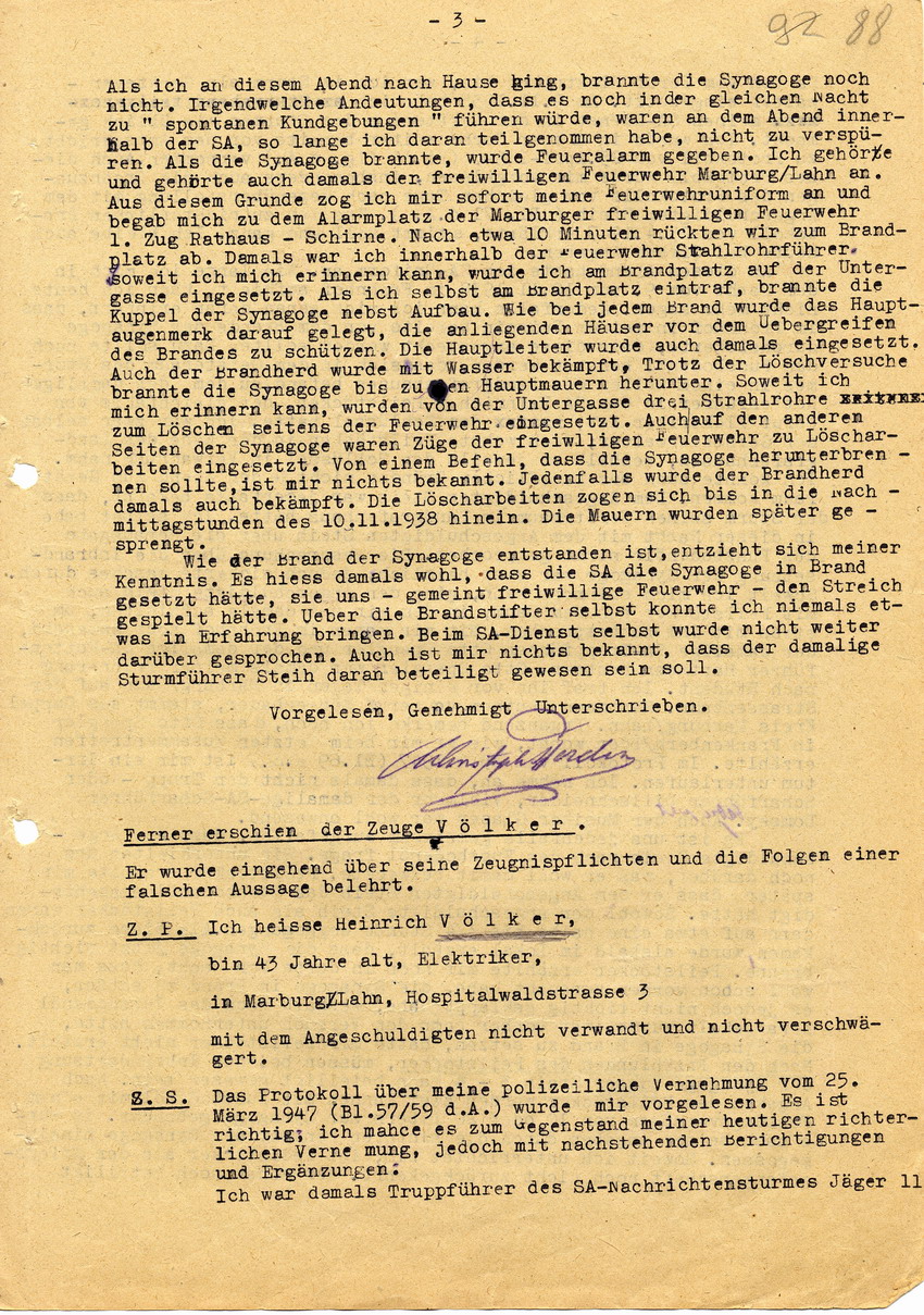 Untersuchungsrichter beim Landgericht Marburg in der Voruntersuchungssache gegen Hans Steih wegen Brandstiftung pp. Aussagen. Marburg, 19. Juni 1947
