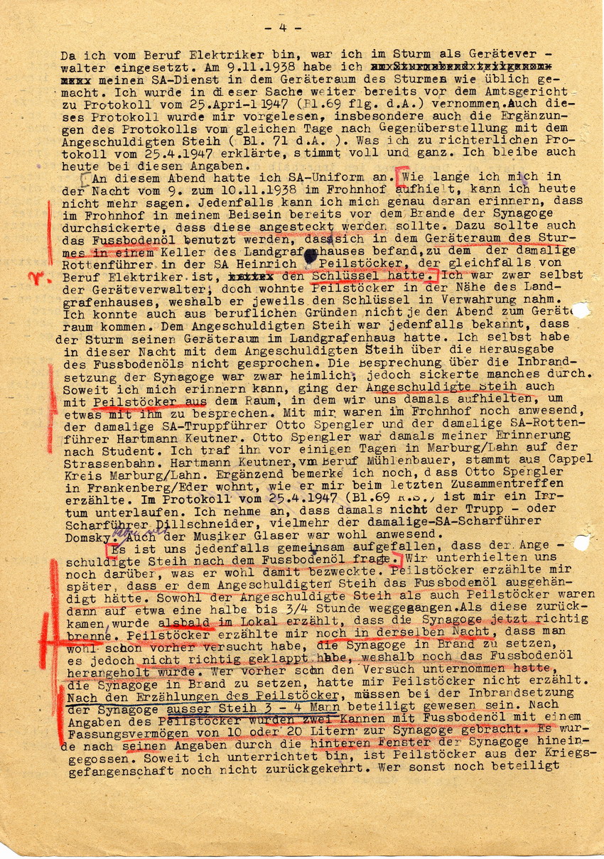 Untersuchungsrichter beim Landgericht Marburg in der Voruntersuchungssache gegen Hans Steih wegen Brandstiftung pp. Aussagen. Marburg, 19. Juni 1947