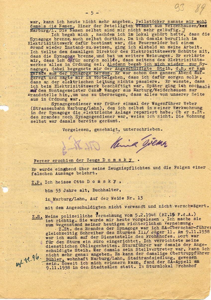 Untersuchungsrichter beim Landgericht Marburg in der Voruntersuchungssache gegen Hans Steih wegen Brandstiftung pp. Aussagen. Marburg, 19. Juni 1947