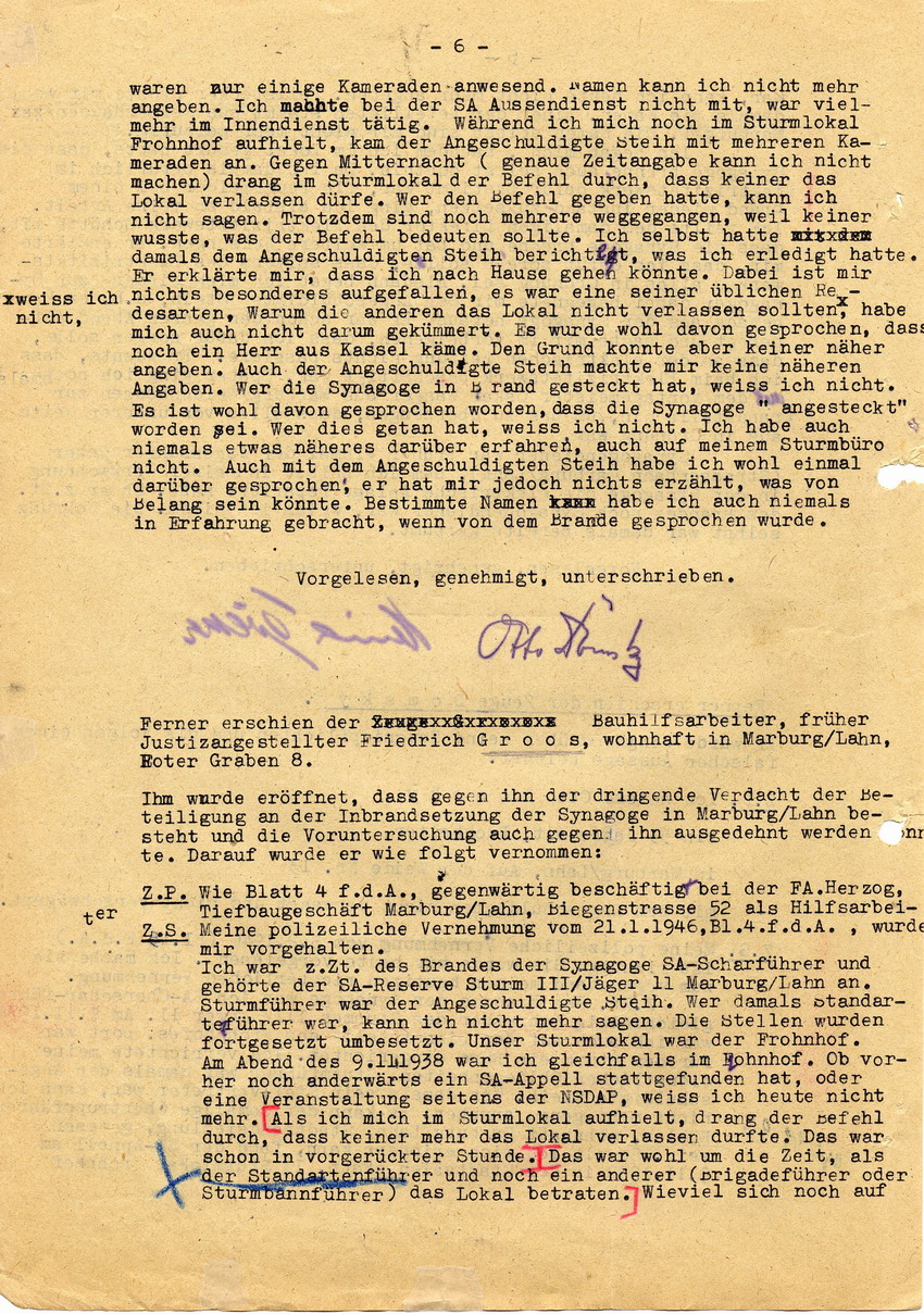 Untersuchungsrichter beim Landgericht Marburg in der Voruntersuchungssache gegen Hans Steih wegen Brandstiftung pp. Aussagen. Marburg, 19. Juni 1947