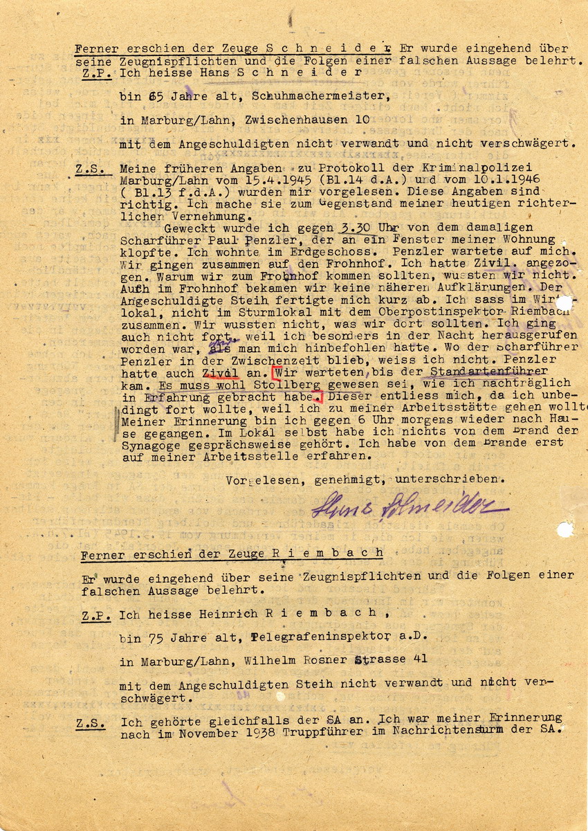 Untersuchungsrichter beim Landgericht Marburg in der Voruntersuchungssache gegen Hans Steih wegen Brandstiftung pp. Aussagen. Marburg, 19. Juni 1947