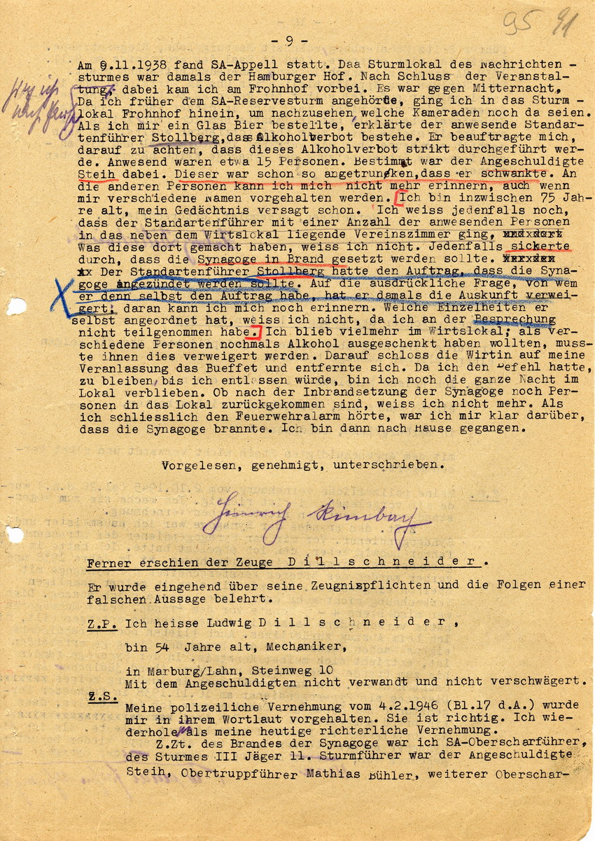 Untersuchungsrichter beim Landgericht Marburg in der Voruntersuchungssache gegen Hans Steih wegen Brandstiftung pp. Aussagen. Marburg, 19. Juni 1947