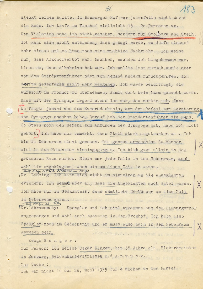 Hauptverhandlung der Strafkammer l des Landgerichts Marburg betr. die Strafsache wg. Inbrandsetzung der Synagoge in Marburg gegen Steih u.a., 1. Verhandlungstag. 14. November 1947  [Dokumentenabschnitt 6]
