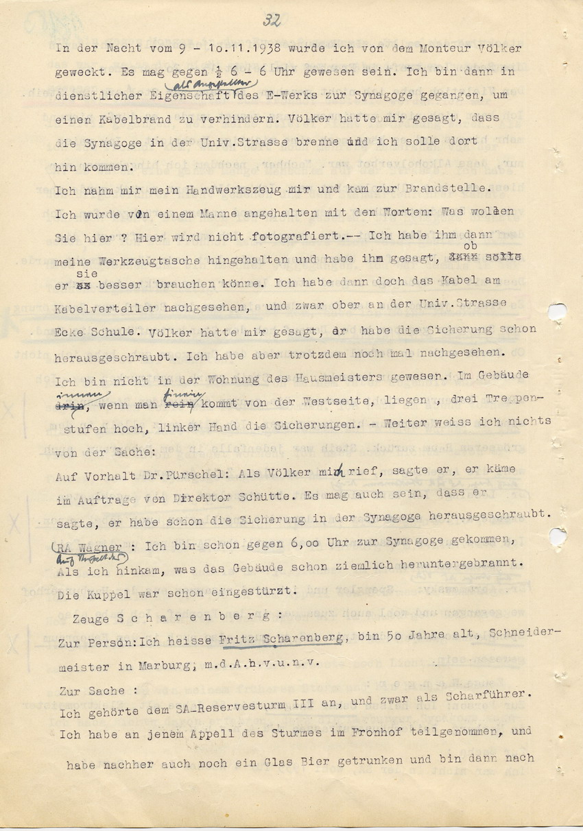 Hauptverhandlung der Strafkammer l des Landgerichts Marburg betr. die Strafsache wg. Inbrandsetzung der Synagoge in Marburg gegen Steih u.a., 1. Verhandlungstag. 14. November 1947  [Dokumentenabschnitt 6]