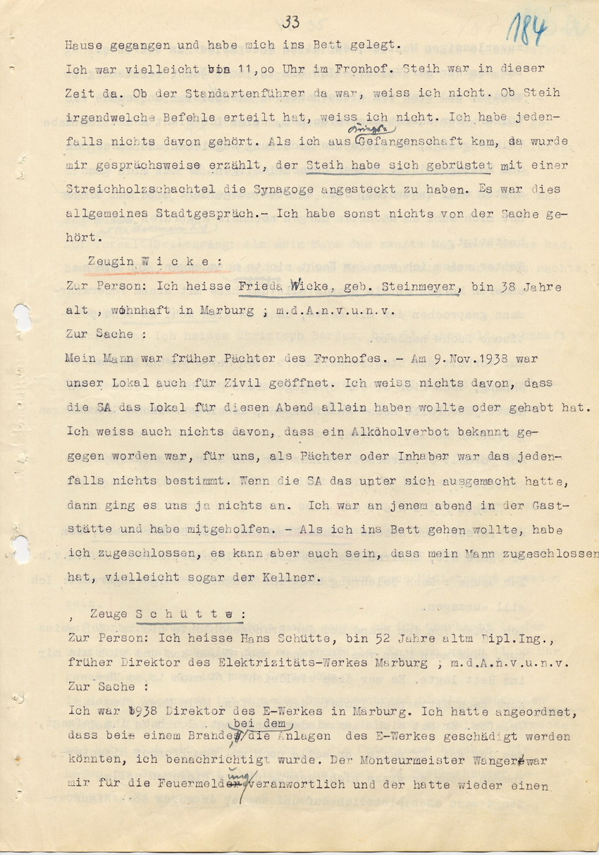 Hauptverhandlung der Strafkammer l des Landgerichts Marburg betr. die Strafsache wg. Inbrandsetzung der Synagoge in Marburg gegen Steih u.a., 1. Verhandlungstag. 14. November 1947  [Dokumentenabschnitt 6]