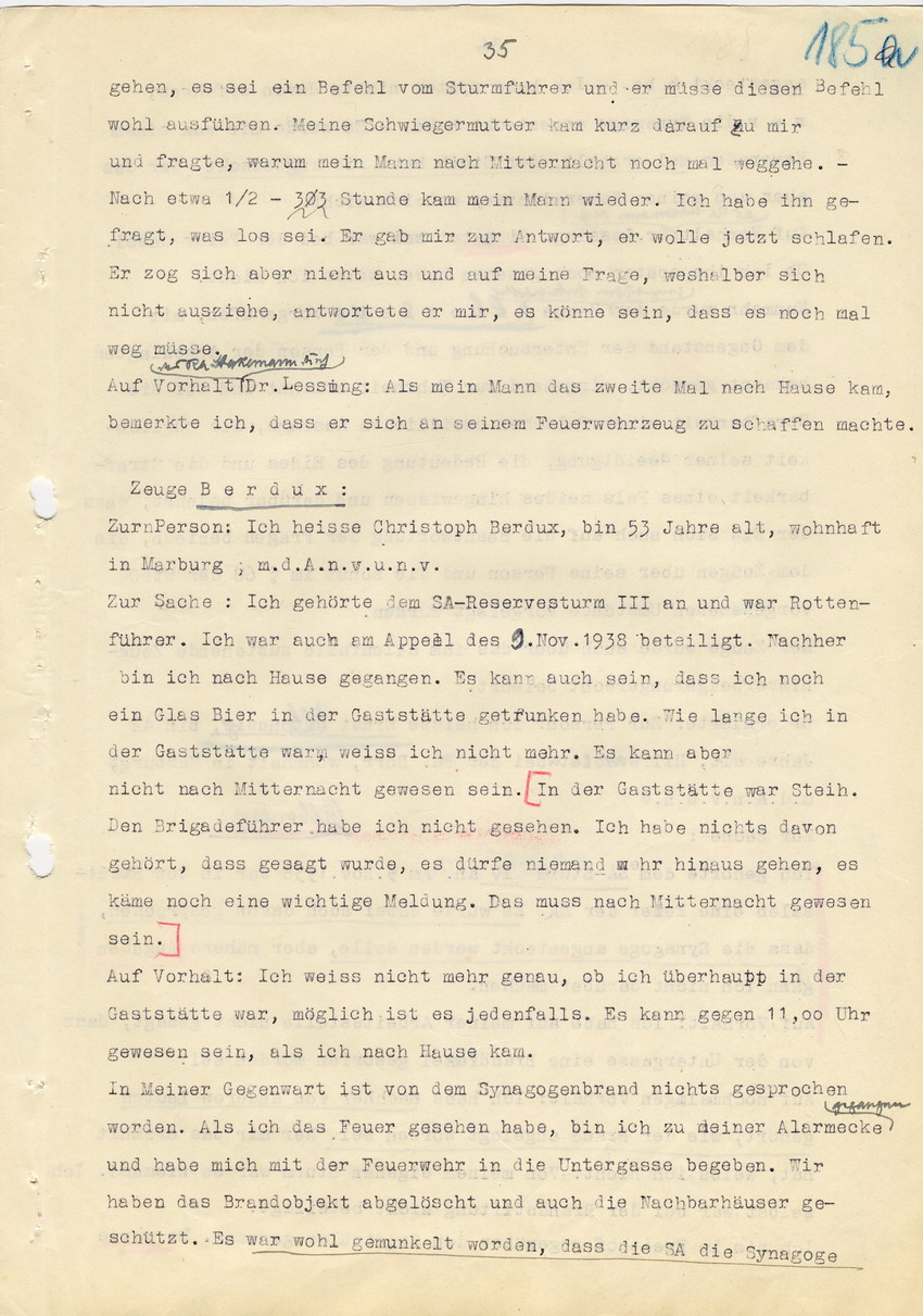 Hauptverhandlung der Strafkammer l des Landgerichts Marburg betr. die Strafsache wg. Inbrandsetzung der Synagoge in Marburg gegen Steih u.a., 1. Verhandlungstag. 14. November 1947  [Dokumentenabschnitt 6]