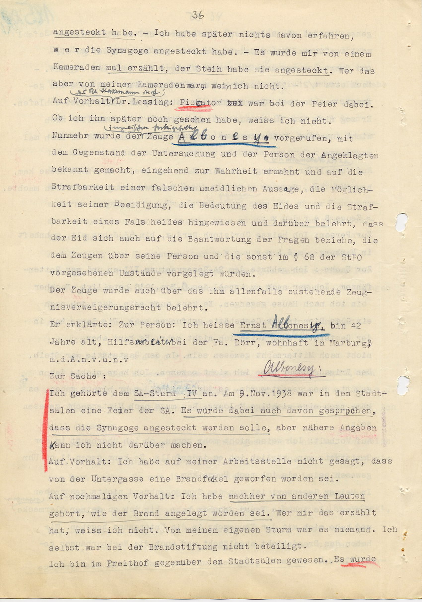 Hauptverhandlung der Strafkammer l des Landgerichts Marburg betr. die Strafsache wg. Inbrandsetzung der Synagoge in Marburg gegen Steih u.a., 1. Verhandlungstag. 14. November 1947  [Dokumentenabschnitt 6]