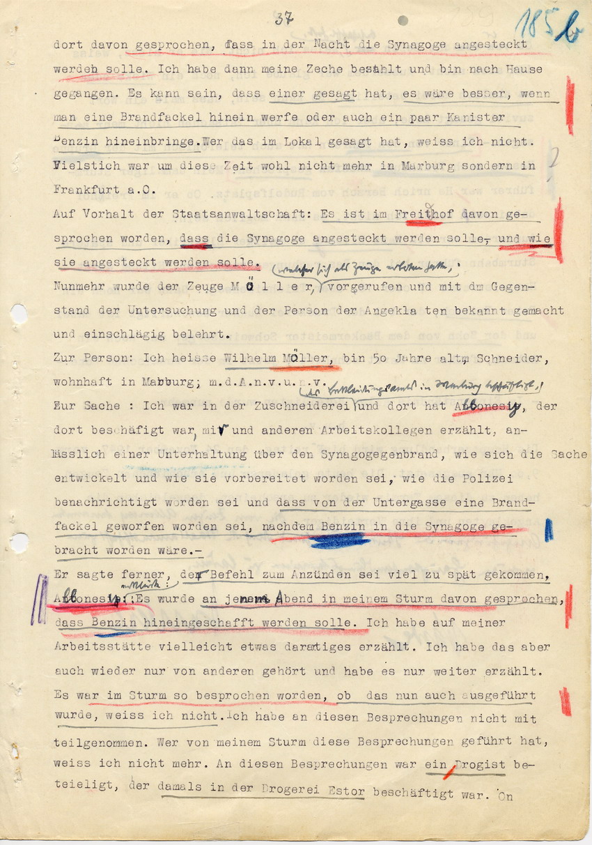 Hauptverhandlung der Strafkammer l des Landgerichts Marburg betr. die Strafsache wg. Inbrandsetzung der Synagoge in Marburg gegen Steih u.a., 1. Verhandlungstag. 14. November 1947  [Dokumentenabschnitt 6]