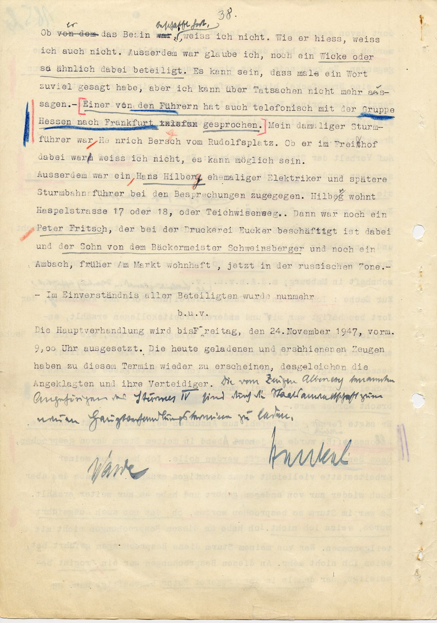 Hauptverhandlung der Strafkammer l des Landgerichts Marburg betr. die Strafsache wg. Inbrandsetzung der Synagoge in Marburg gegen Steih u.a., 1. Verhandlungstag. 14. November 1947  [Dokumentenabschnitt 6]