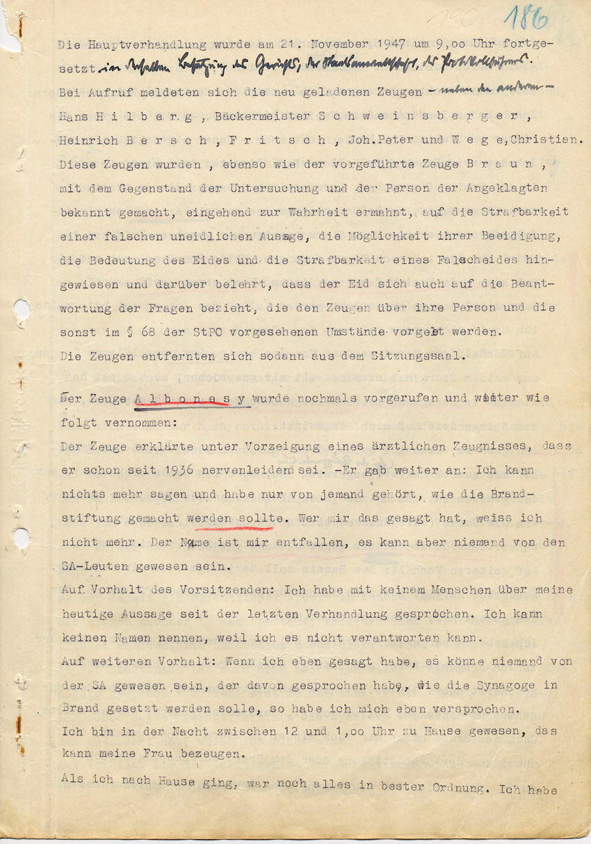 Hauptverhandlung der Strafkammer l des Landgerichts Marburg betr. die Strafsache wg. Inbrandsetzung der Synagoge in Marburg gegen Steih u.a., 2. Verhandlungstag, 21. November 1947 [Dokumentenabschnitt 7]