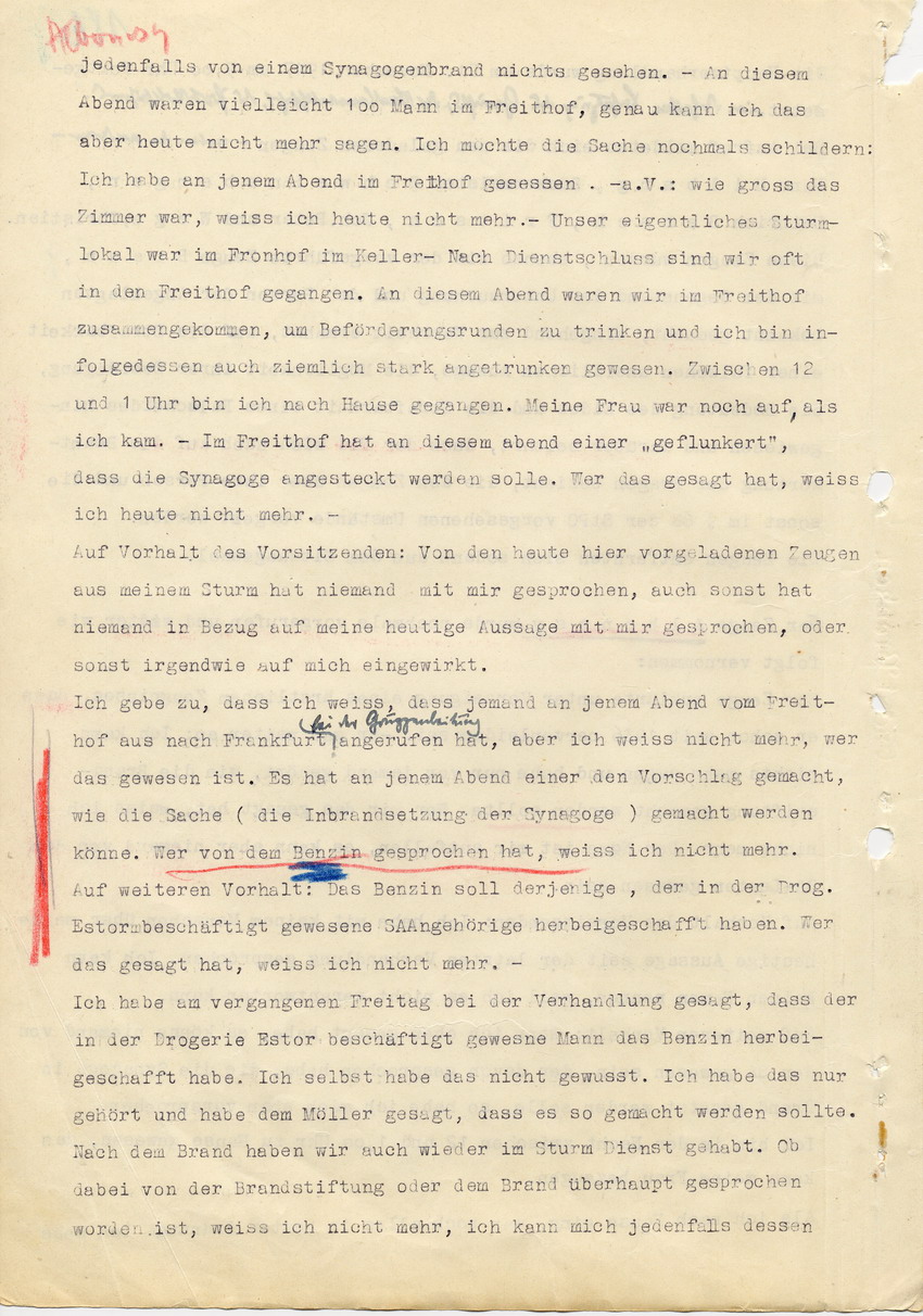Hauptverhandlung der Strafkammer l des Landgerichts Marburg betr. die Strafsache wg. Inbrandsetzung der Synagoge in Marburg gegen Steih u.a., 2. Verhandlungstag, 21. November 1947 [Dokumentenabschnitt 7]