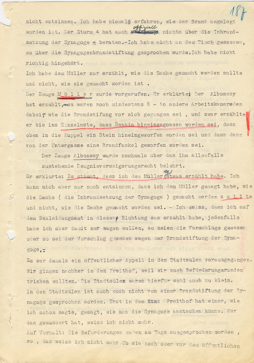 Hauptverhandlung der Strafkammer l des Landgerichts Marburg betr. die Strafsache wg. Inbrandsetzung der Synagoge in Marburg gegen Steih u.a., 2. Verhandlungstag, 21. November 1947 [Dokumentenabschnitt 7]