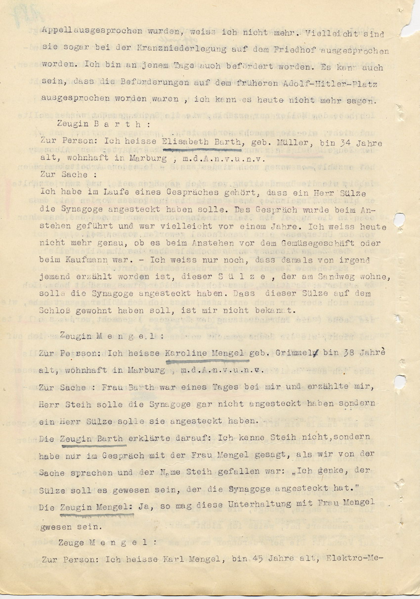 Hauptverhandlung der Strafkammer l des Landgerichts Marburg betr. die Strafsache wg. Inbrandsetzung der Synagoge in Marburg gegen Steih u.a., 2. Verhandlungstag, 21. November 1947 [Dokumentenabschnitt 7]