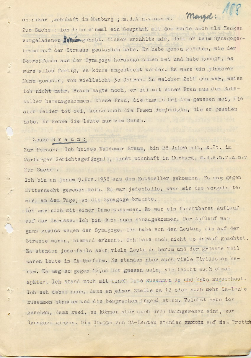 Hauptverhandlung der Strafkammer l des Landgerichts Marburg betr. die Strafsache wg. Inbrandsetzung der Synagoge in Marburg gegen Steih u.a., 2. Verhandlungstag, 21. November 1947 [Dokumentenabschnitt 7]