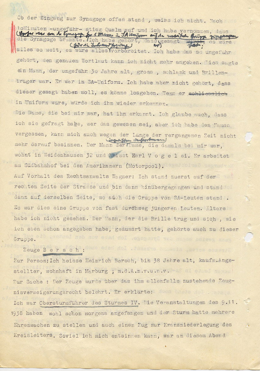 Hauptverhandlung der Strafkammer l des Landgerichts Marburg betr. die Strafsache wg. Inbrandsetzung der Synagoge in Marburg gegen Steih u.a., 2. Verhandlungstag, 21. November 1947 [Dokumentenabschnitt 7]