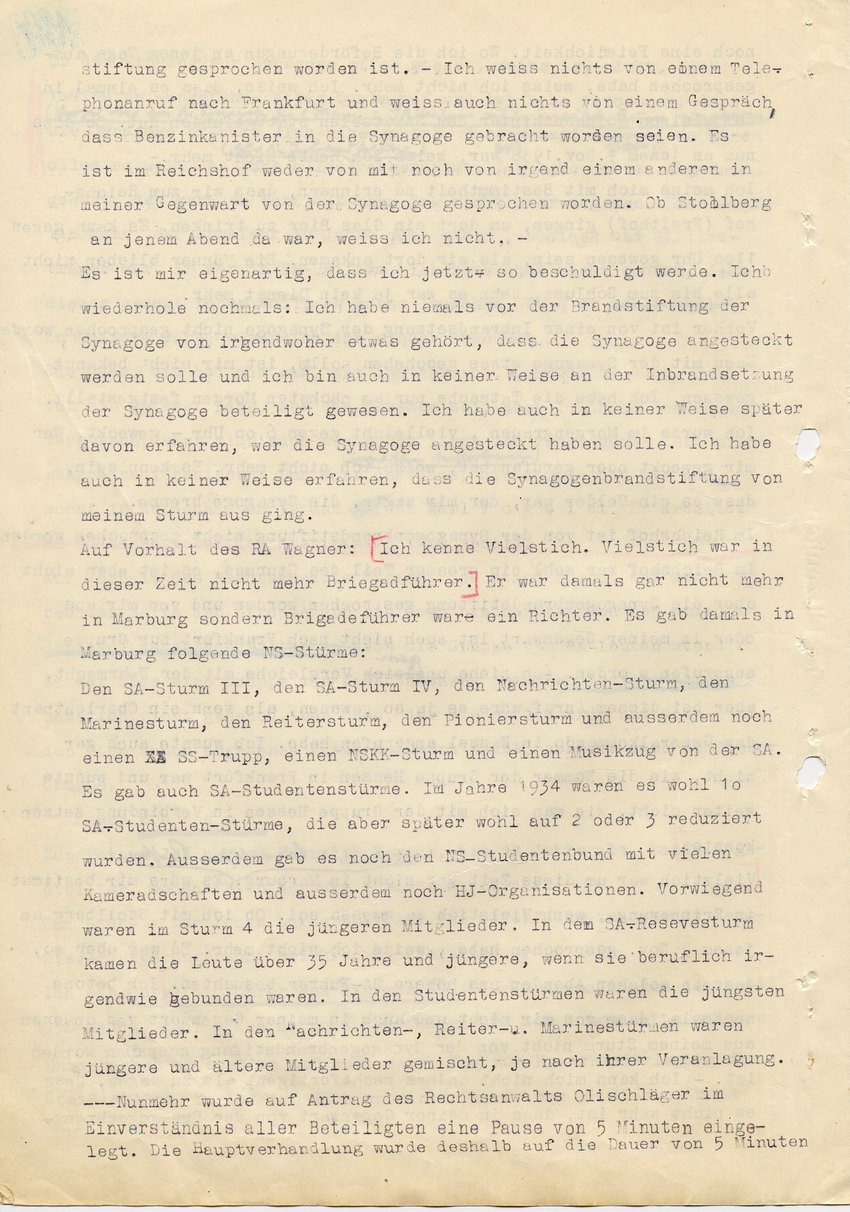 Hauptverhandlung der Strafkammer l des Landgerichts Marburg betr. die Strafsache wg. Inbrandsetzung der Synagoge in Marburg gegen Steih u.a., 2. Verhandlungstag, 21. November 1947 [Dokumentenabschnitt 7]