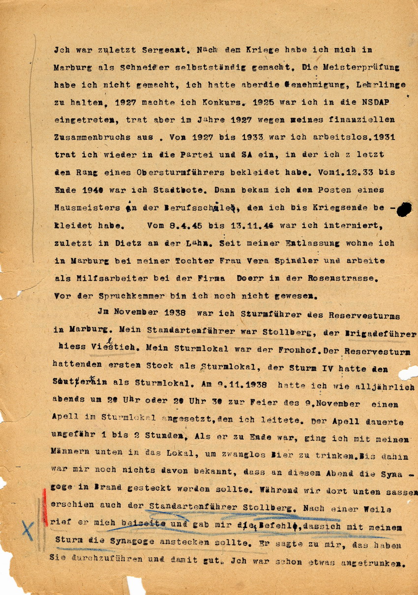 Amtsgericht Abteilung IV, Marburg an den Oberstaatsanwalt Marburg betreffend die Ermittlungssache gegen Hans Steih wegen Branstiftung. Marburg, 12., 14. und 17. Februar 1947