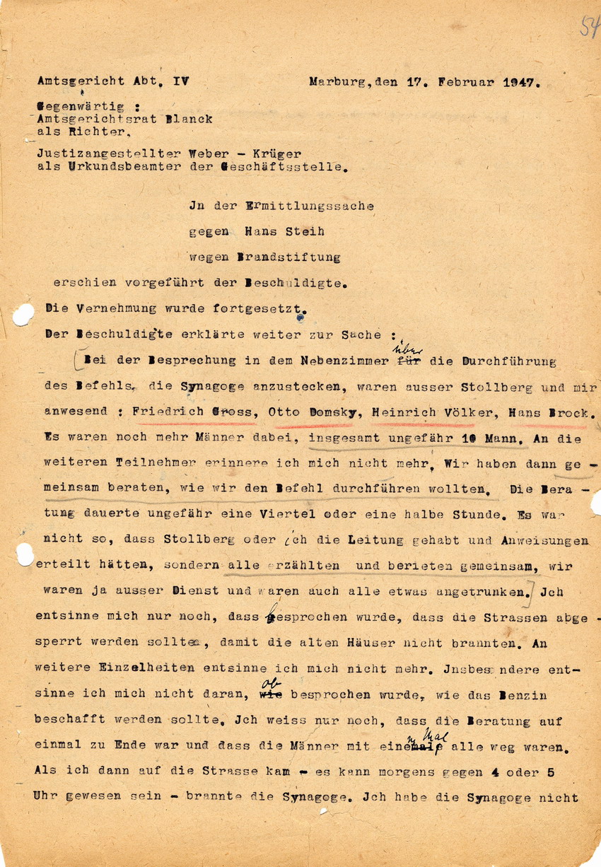 Amtsgericht Abteilung IV, Marburg an den Oberstaatsanwalt Marburg betreffend die Ermittlungssache gegen Hans Steih wegen Branstiftung. Marburg, 12., 14. und 17. Februar 1947