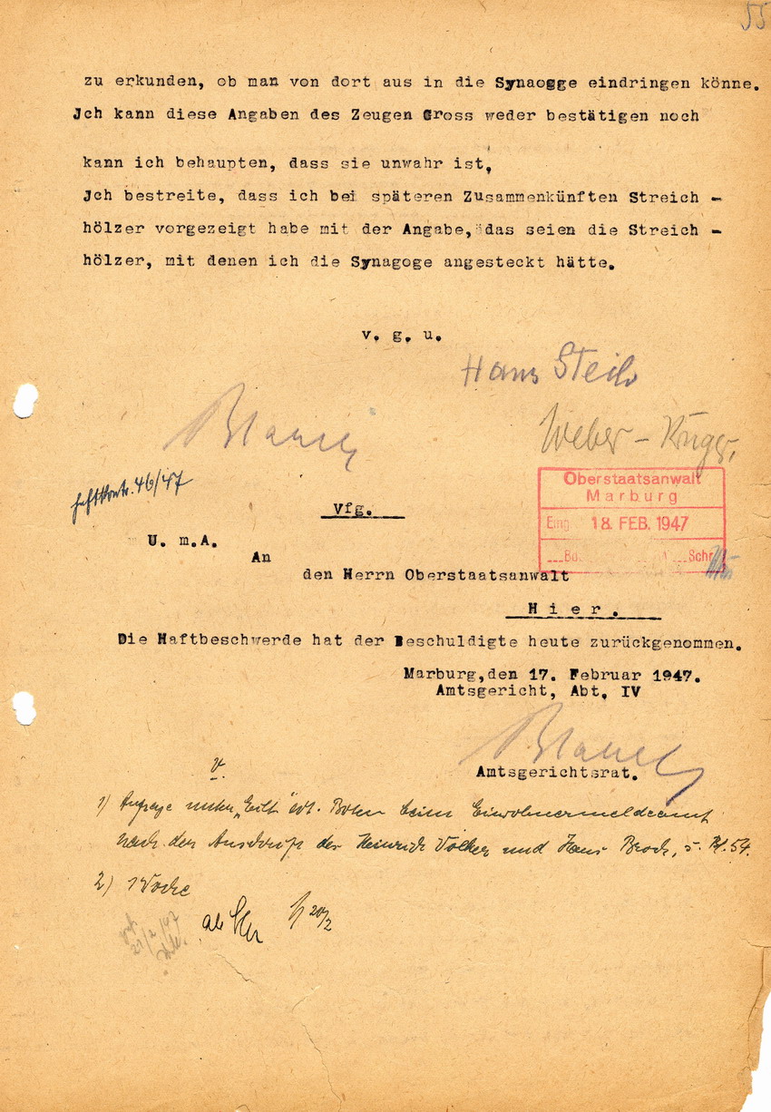 Amtsgericht Abteilung IV, Marburg an den Oberstaatsanwalt Marburg betreffend die Ermittlungssache gegen Hans Steih wegen Branstiftung. Marburg, 12., 14. und 17. Februar 1947