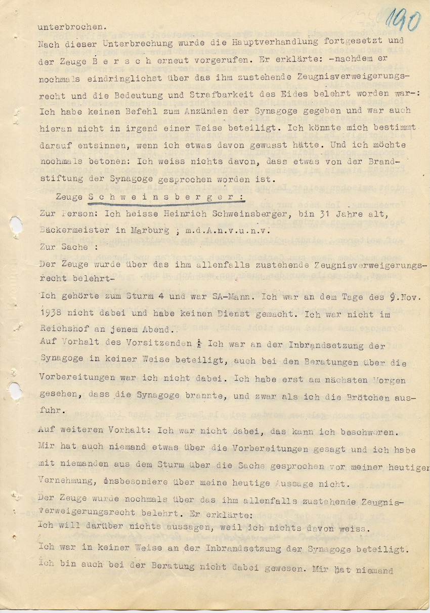 Hauptverhandlung der Strafkammer l des Landgerichts Marburg betr. die Strafsache wg. Inbrandsetzung der Synagoge in Marburg gegen Steih u.a. , 2. Verhandlungstag, 21. November 1947 [Dokumentenabschnitt 8]