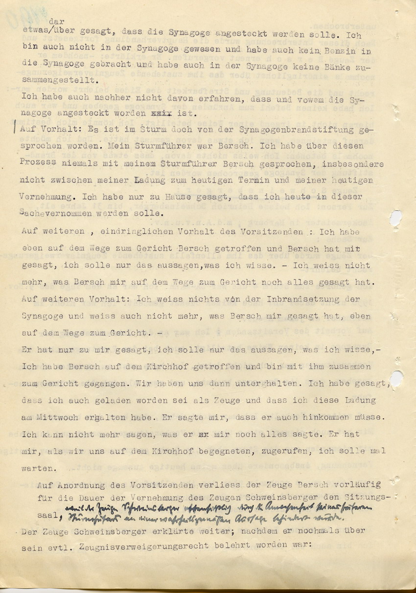 Hauptverhandlung der Strafkammer l des Landgerichts Marburg betr. die Strafsache wg. Inbrandsetzung der Synagoge in Marburg gegen Steih u.a. , 2. Verhandlungstag, 21. November 1947 [Dokumentenabschnitt 8]