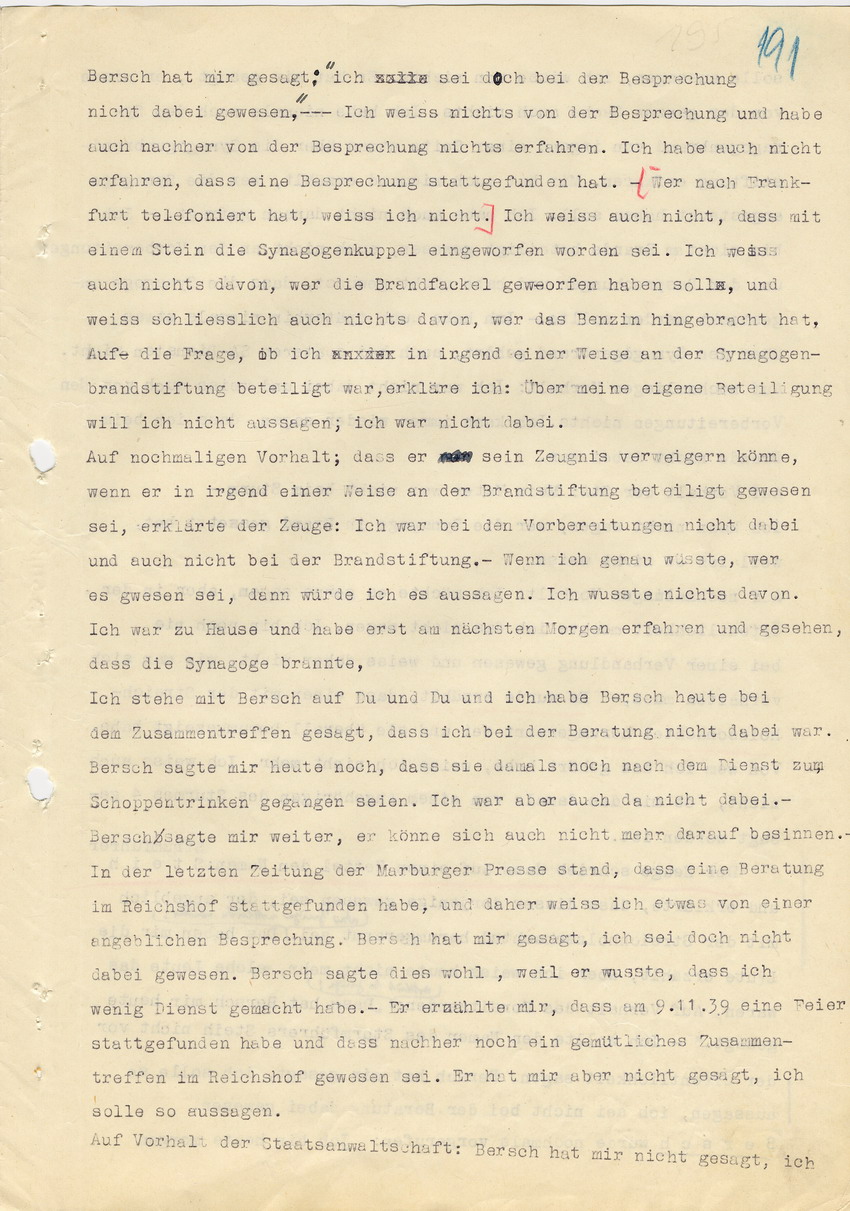 Hauptverhandlung der Strafkammer l des Landgerichts Marburg betr. die Strafsache wg. Inbrandsetzung der Synagoge in Marburg gegen Steih u.a. , 2. Verhandlungstag, 21. November 1947 [Dokumentenabschnitt 8]