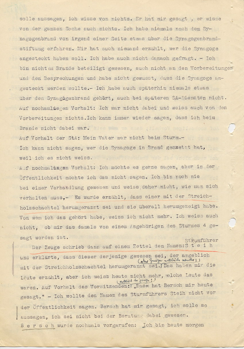 Hauptverhandlung der Strafkammer l des Landgerichts Marburg betr. die Strafsache wg. Inbrandsetzung der Synagoge in Marburg gegen Steih u.a. , 2. Verhandlungstag, 21. November 1947 [Dokumentenabschnitt 8]