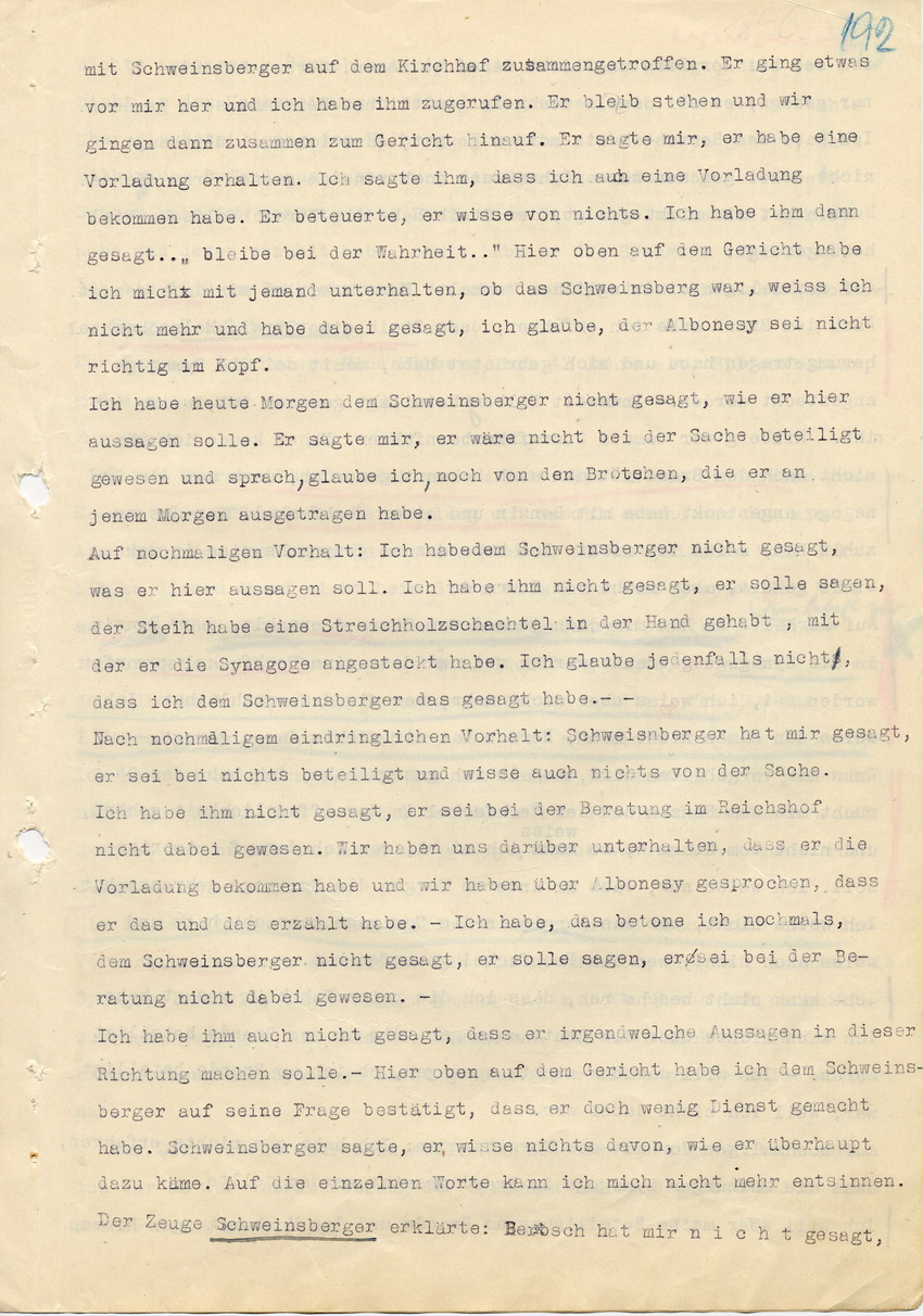 Hauptverhandlung der Strafkammer l des Landgerichts Marburg betr. die Strafsache wg. Inbrandsetzung der Synagoge in Marburg gegen Steih u.a. , 2. Verhandlungstag, 21. November 1947 [Dokumentenabschnitt 8]