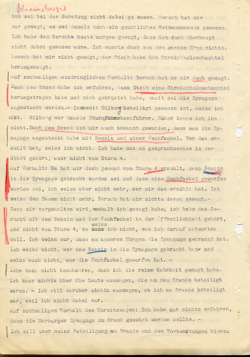 Hauptverhandlung der Strafkammer l des Landgerichts Marburg betr. die Strafsache wg. Inbrandsetzung der Synagoge in Marburg gegen Steih u.a. , 2. Verhandlungstag, 21. November 1947 [Dokumentenabschnitt 8]