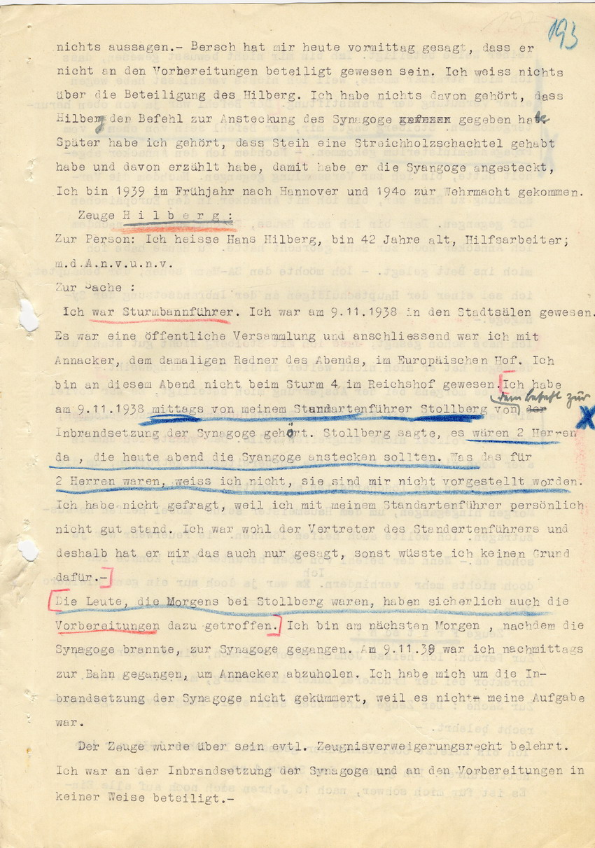 Hauptverhandlung der Strafkammer l des Landgerichts Marburg betr. die Strafsache wg. Inbrandsetzung der Synagoge in Marburg gegen Steih u.a. , 2. Verhandlungstag, 21. November 1947 [Dokumentenabschnitt 8]
