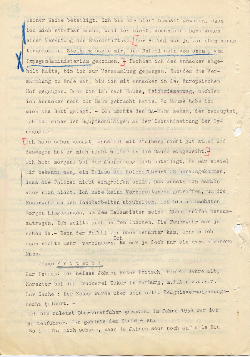 Hauptverhandlung der Strafkammer l des Landgerichts Marburg betr. die Strafsache wg. Inbrandsetzung der Synagoge in Marburg gegen Steih u.a. , 2. Verhandlungstag, 21. November 1947 [Dokumentenabschnitt 8]