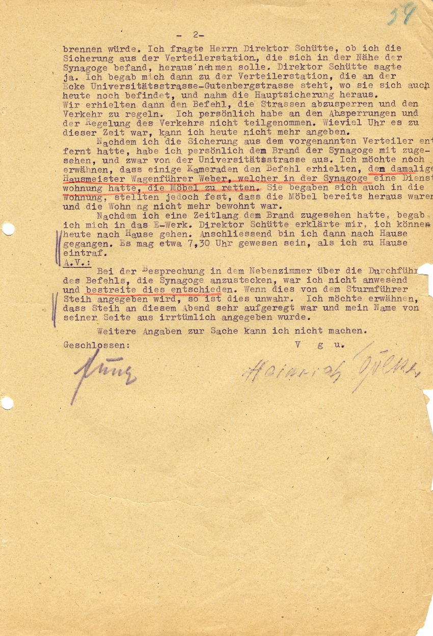 Kriminalpolizei Marburg betreffend die Brandstiftung an der Marburger Synagoge im Zuge des Novemberpogroms 1938. Aussage des Mitbeschuldigten Heinrich Völker. Marburg, 25. März 1947