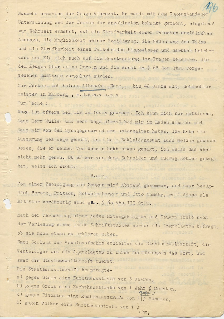 Hauptverhandlung der Strafkammer l des Landgerichts Marburg betr. die Strafsache wg. Inbrandsetzung der Synagoge in Marburg gegen Steih u.a. 2. Verhandlungstag und Urteilsverkündung, 21. November 1947 [Dokumentenabschnitt 9]