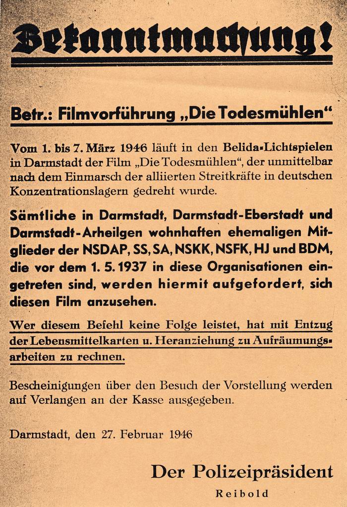 Bild zum Dokument Anschlag: Betr.: Filmvorführung "Die Todesmühlen" vom 27. Febr