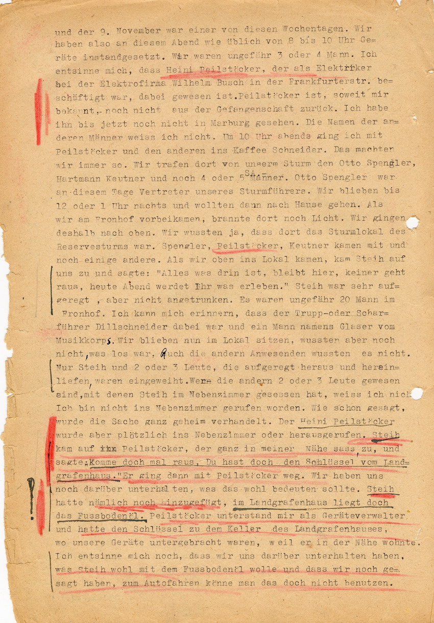 Amtsgericht Marburg, Abteilung IV in der Ermittlungssache gegen Hans Steih u. a. wegen Brandstiftung an der Marburger Synagoge im Zuge der Reichspogromnacht 1938. Aussage des Mitbeschuldigten Heinrich Völker. Marburg, 25. April 1947