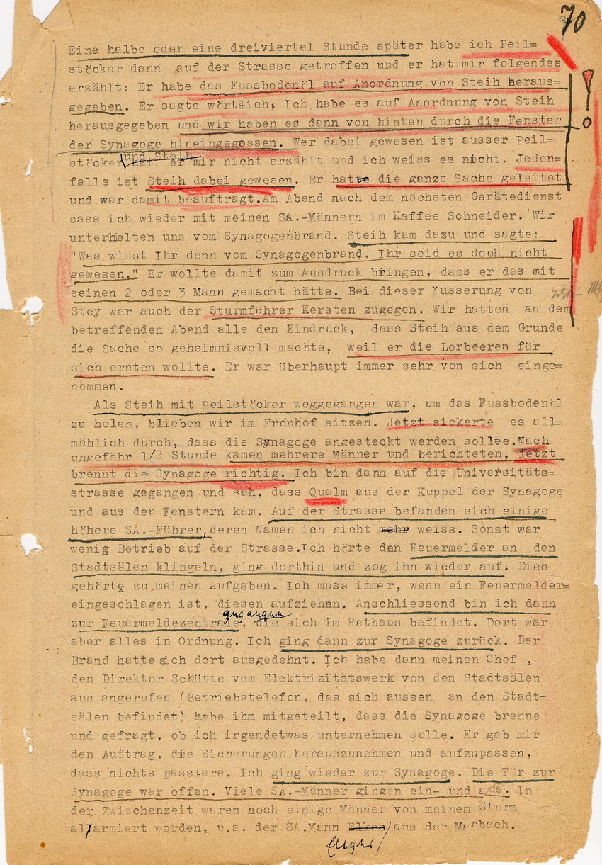 Amtsgericht Marburg, Abteilung IV in der Ermittlungssache gegen Hans Steih u. a. wegen Brandstiftung an der Marburger Synagoge im Zuge der Reichspogromnacht 1938. Aussage des Mitbeschuldigten Heinrich Völker. Marburg, 25. April 1947