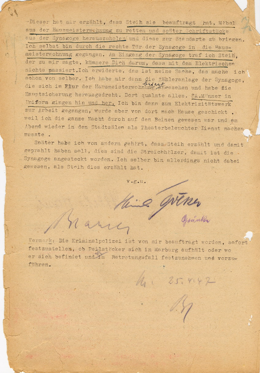 Amtsgericht Marburg, Abteilung IV in der Ermittlungssache gegen Hans Steih u. a. wegen Brandstiftung an der Marburger Synagoge im Zuge der Reichspogromnacht 1938. Aussage des Mitbeschuldigten Heinrich Völker. Marburg, 25. April 1947