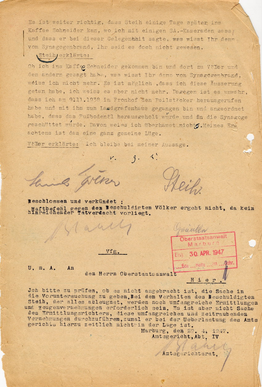 Amtsgericht Marburg, Abteilung IV in der Ermittlungssache gegen Hans Steih u. a. wegen Brandstiftung an der Marburger Synagoge im Zuge der Reichspogromnacht 1938. Aussage des Mitbeschuldigten Heinrich Völker. Marburg, 25. April 1947