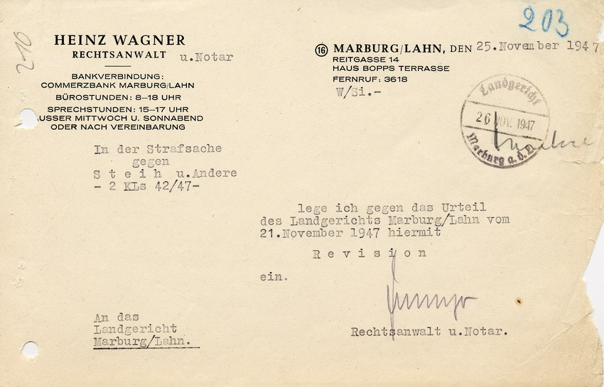 Rechtsanwalt Wagner legt gegen das Urteil vom 21.11.1947 in der Strafsache Steih u.a. am Landgericht Marburg Revision ein, 25. November 1947.